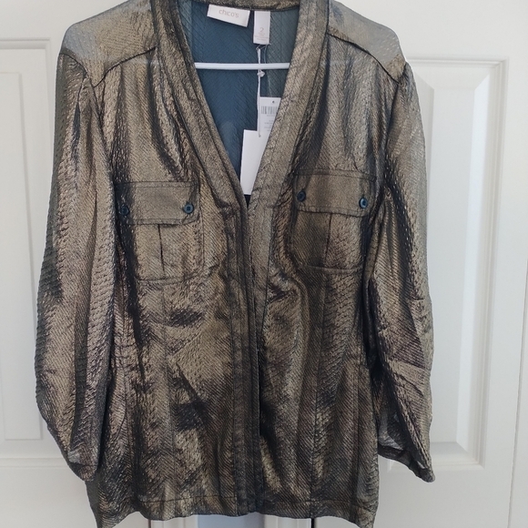 Chico's Eleesa Embossed Shine Copper/Bronze Opalescence  Semi Fitted Top 2 M - Picture 5 of 14